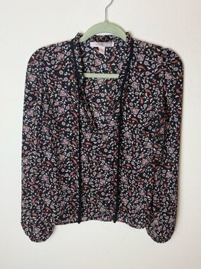 Printed V-Neck Long-Sleeve Blouse - Black Floral